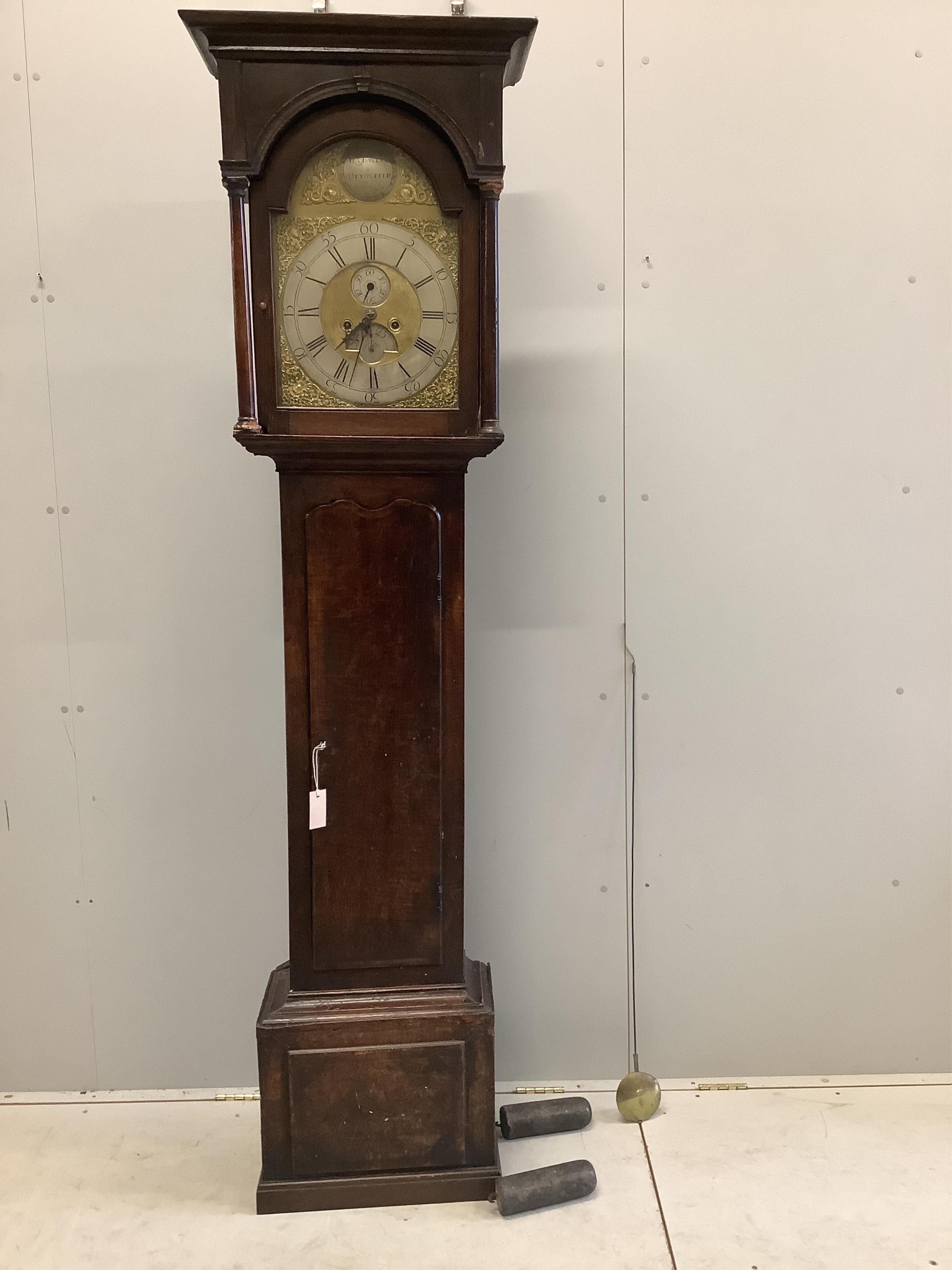 Bayley of Uttoxeter, a late 18th century oak eight day longcase clock, height 210cm, (reduced). Condition - fair